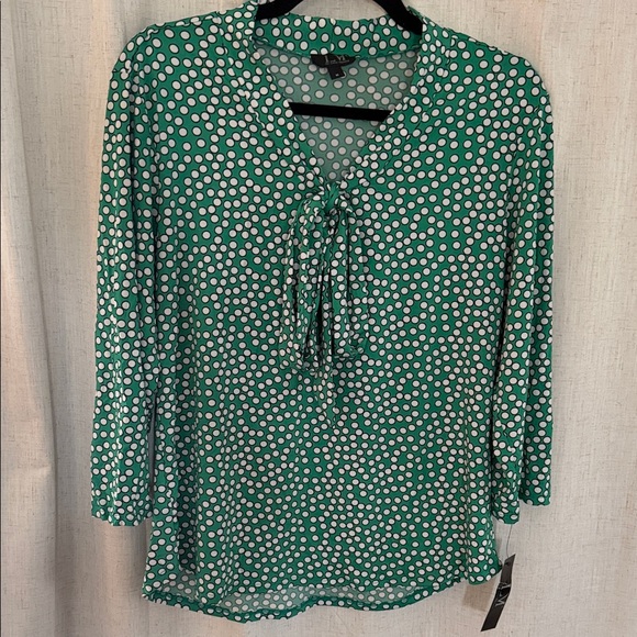 LM by Lola Morena Tops - LM Kelly Green Polka Dot Tie-Neck Blouse Silky